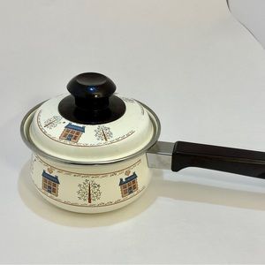 Small Vintage Cottagecore Enamel Pot With Lid. Sweet House And Tree Design. NWOT